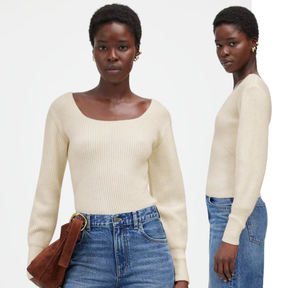 NEW Madewell SoftWool Square-Neck Pullover Sweater Medium Cashmere Blend Cream